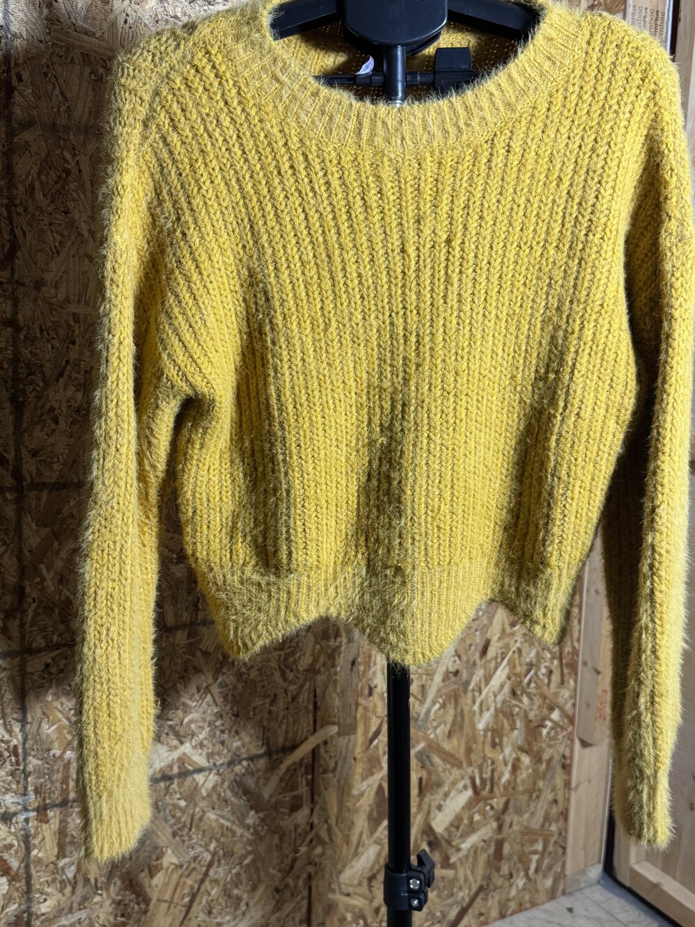 Yellow Fuzzy Knit Sweater Long Sleeve Crew Neck Women's Top